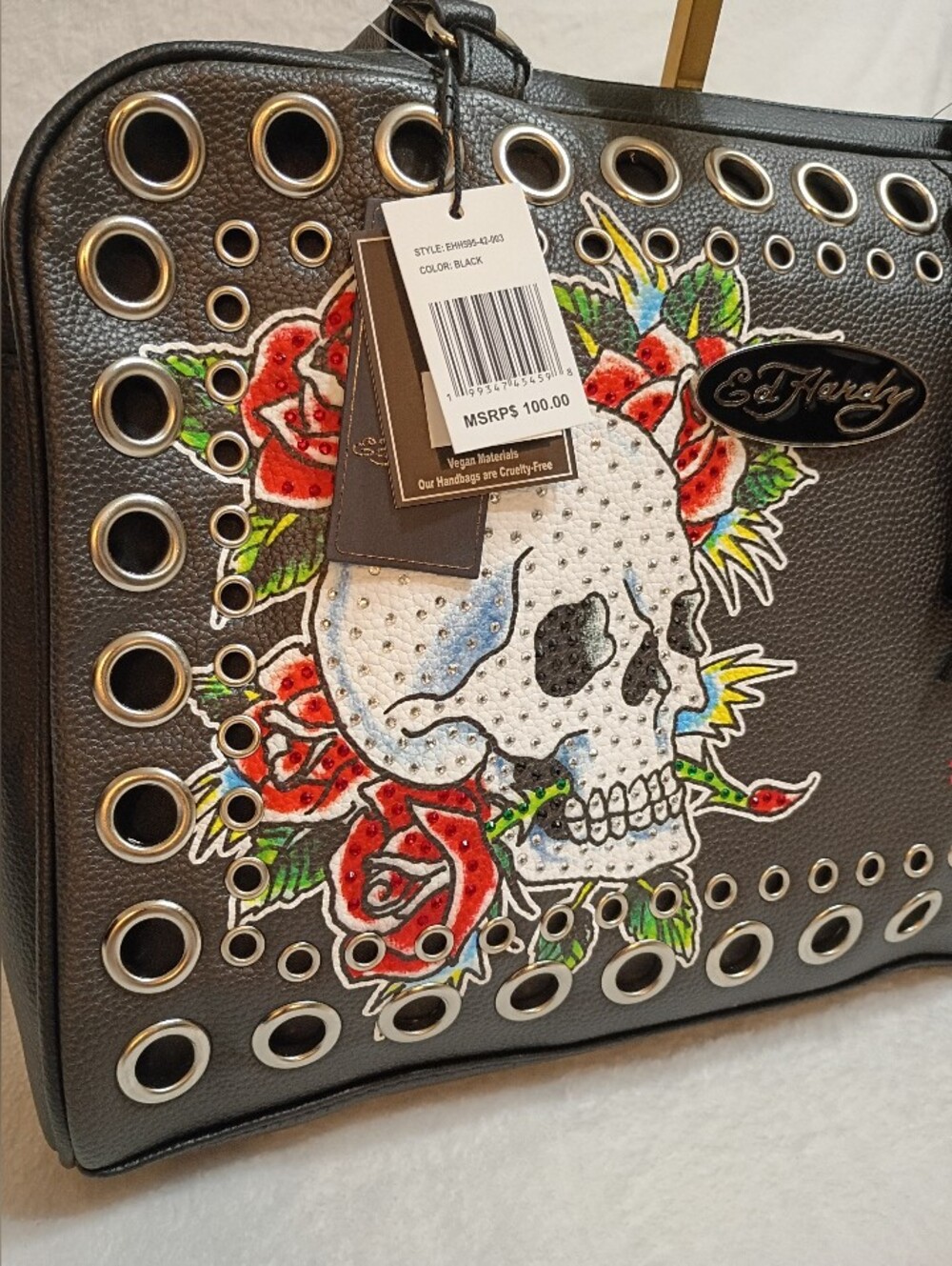 Ed Hardy Black Skull & Rose Eyelet Satchel - Picture 3 of 9
